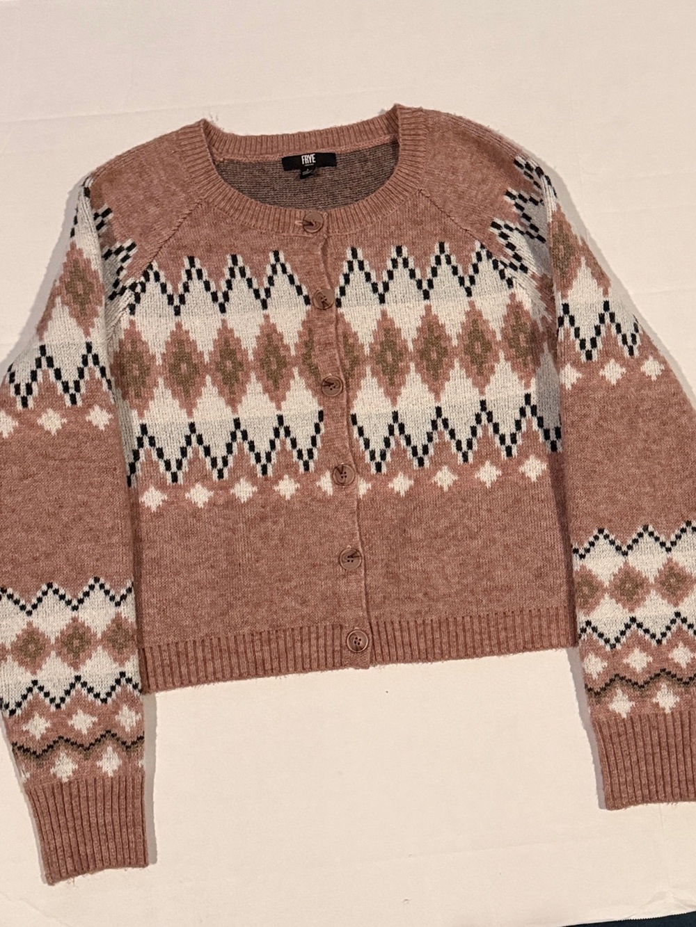Cropped Frye Dusty Rose and Cream Fair Isle Nordic Button-Up Cardigan